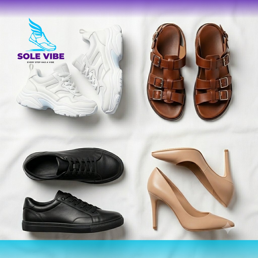 Collection of stylish sneakers, sandals, and casual shoes for men and women available at Sole Vibe.